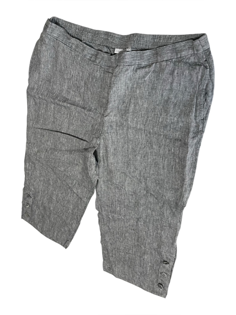 Chico’s 4 grey linen cropped capri pants buttons at lower outer hem Size US 20
